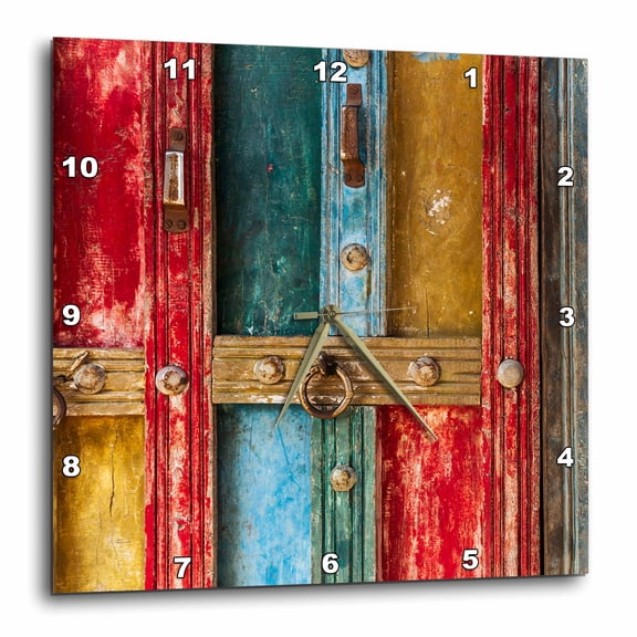 3drose, India, State of Gujarat, Bhuj, Meghwal. Painted Door Abstract., 15x15 Wall Clock