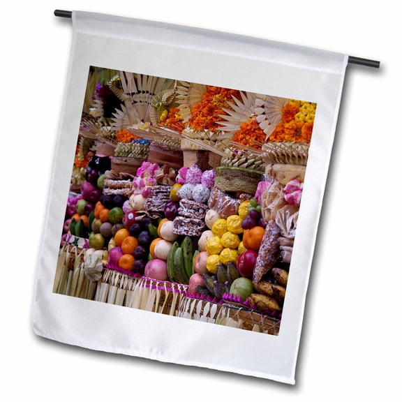 3dRose, Indonesia, Bali, Bedulu. Offerings at Pura Samuan Tiga temple., 18 x 27 inch Garden Flag
