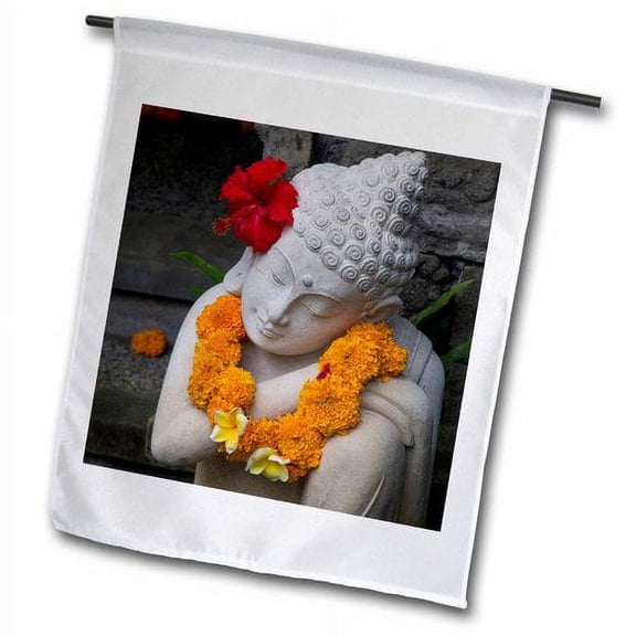 3dRose, Indonesia, Bali. Sacred statue with Hibiscus and Marigold necklace., 12 x 18 inch Garden Flag
