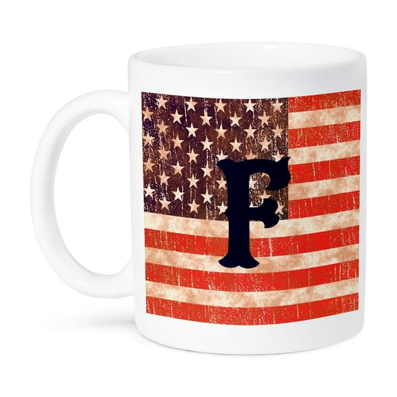 3dRose, Initial F- Distressed Vintage Look United States Flag with Monogram, 11oz Mug
