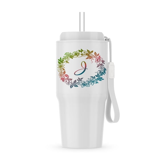 Initial J- Circular Flower Motif In Softly Blended Green Pink And Blue, 20oz Tumbler
