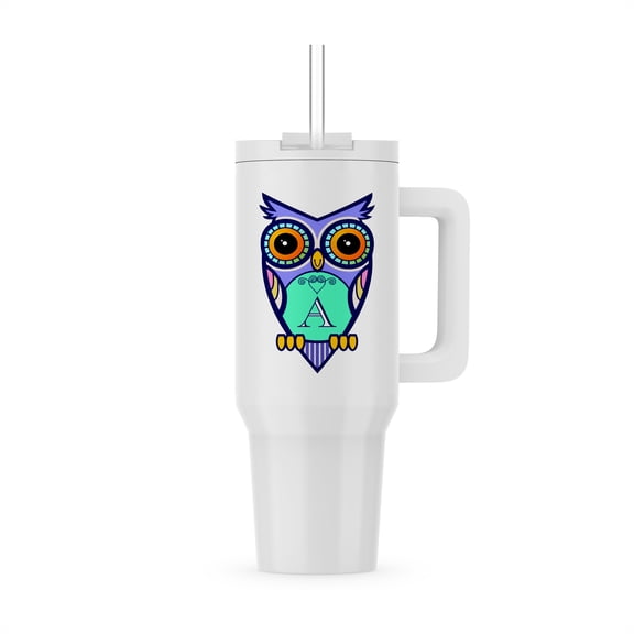 Initial Letter A- Cute Owl In Turquoise Pink And Lavender, 30oz Tumbler