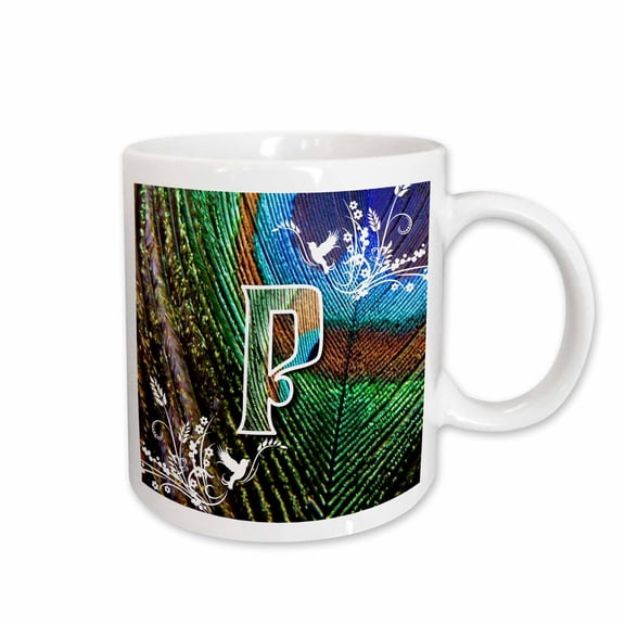 3drose, Initial Letter P- Beautiful Peacock Feather Letters and Numbers, 11oz Mug