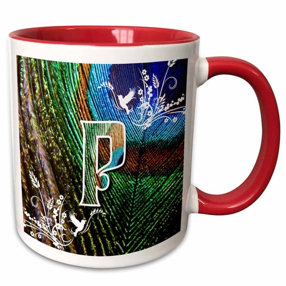 3drose, Initial Letter P- Beautiful Peacock Feather Letters and Numbers, 11oz Two-tone Red Mug