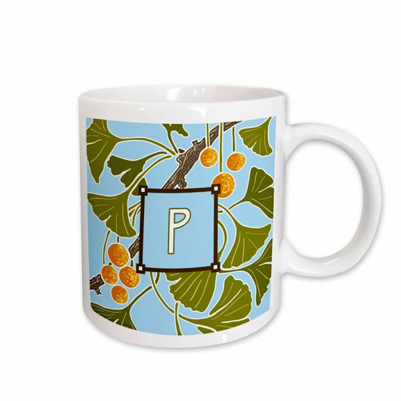 3drose, Initial P- American Arts and Crafts Style Ginkgo Monogram Design, 11oz Mug
