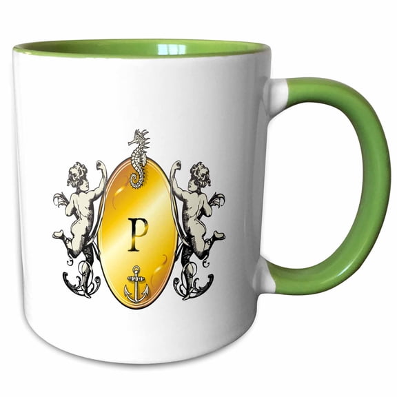 3drose, Initial P- Image of Nautical Monogram with Cherubs Seahorse and Anchor, 15oz Two-tone Green Mug