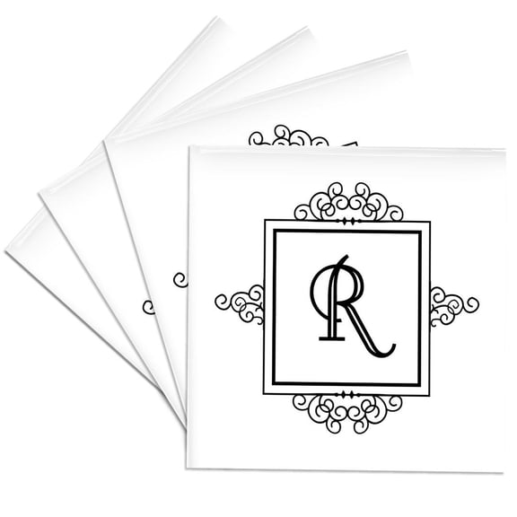 3dRose, Initial letter R personal monogrammed fancy black and white typography elegant stylish personalized, Set of 4 Ceramic Tile Coasters