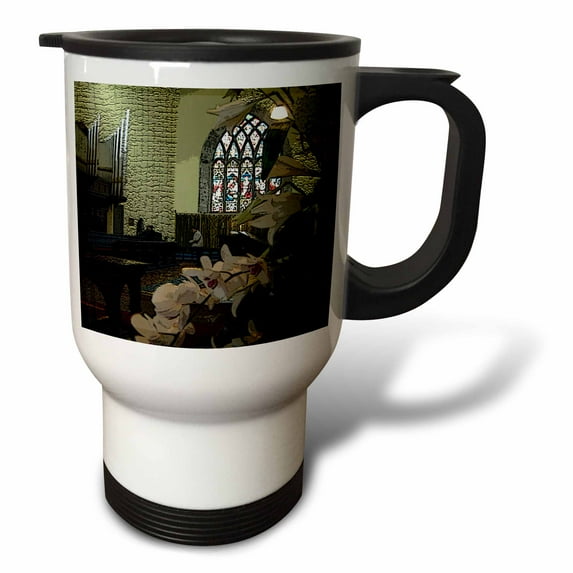 3dRose, Inside an Old Church with Stained Glass Windows in Ireland, 14oz Stainless Steel Travel Mug