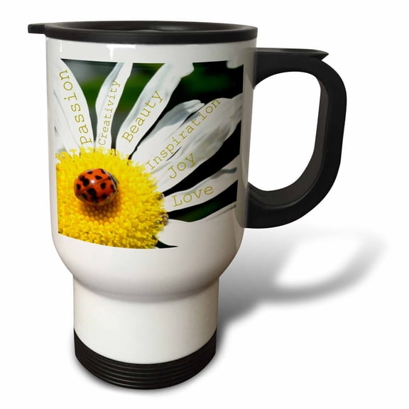 3drose, Inspirational Words Ladybug on a Daisy- Affirmations- Flowers, 14oz Stainless Steel Travel Mug