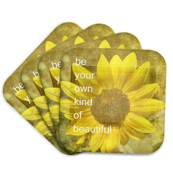 3drose, Inspired Be Your Own Kind of Beautiful Yellow Sunflower, Set of 4 Coasters - Soft