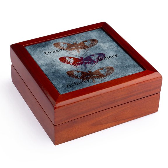 3dRose, Inspired Butterflies Dream, Believe and Achieve- Motivational Art, Jewelry Box 5.5x5.5 inch with 4 inch tile