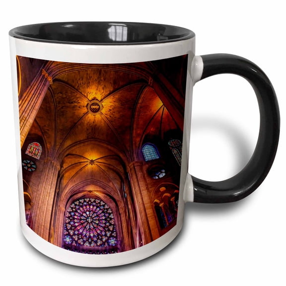 3drose, Interior Arches Gothic Stained Glass, Notre Dame, Paris, France., 11oz Two-tone Black Mug