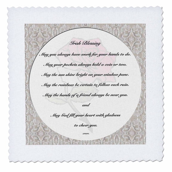 3dRose, Irish blessing on pale yellow background with a red rose and laced border, 10x10 inch quilt square