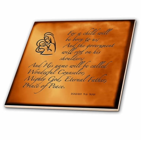 3dRose, Isaiah 9 6 Bible verse predicting Jesus birth for Christmas engraved on copper background, 4 Inch Ceramic Tile