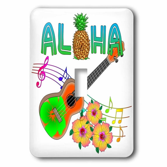 3dRose, Island Aloha with a ukulele, music notes, and tropical flowers, single toggle switch