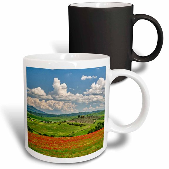 3drose, Italy, Tuscany. View of Tuscan Valley and Villa with Spring Poppies, 11oz Magic Transforming Mug