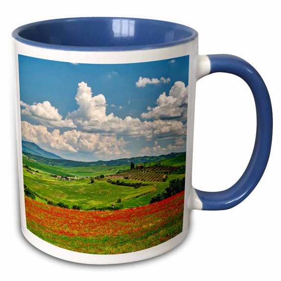 3drose, Italy, Tuscany. View of Tuscan Valley and Villa with Spring Poppies, 11oz Two-tone Blue Mug