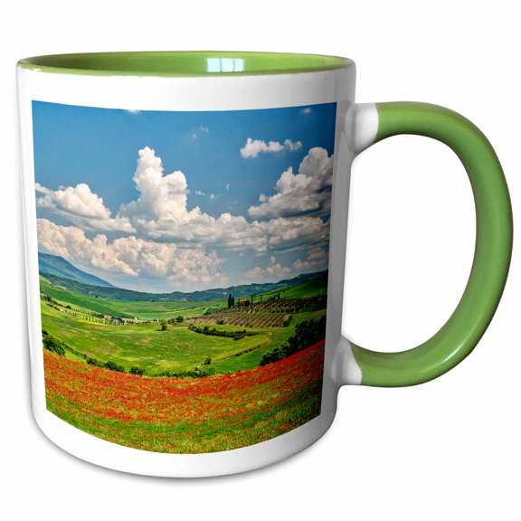 3drose, Italy, Tuscany. View of Tuscan Valley and Villa with Spring Poppies, 11oz Two-tone Green Mug