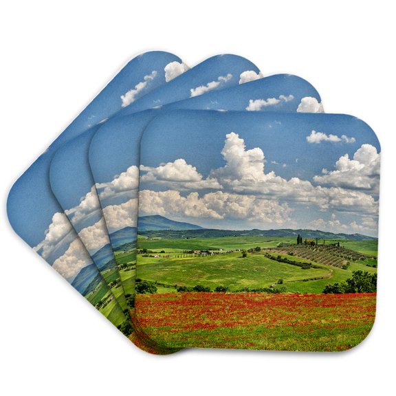 3drose, Italy, Tuscany. View of Tuscan Valley and Villa with Spring Poppies, Set of 4 Coasters - Soft