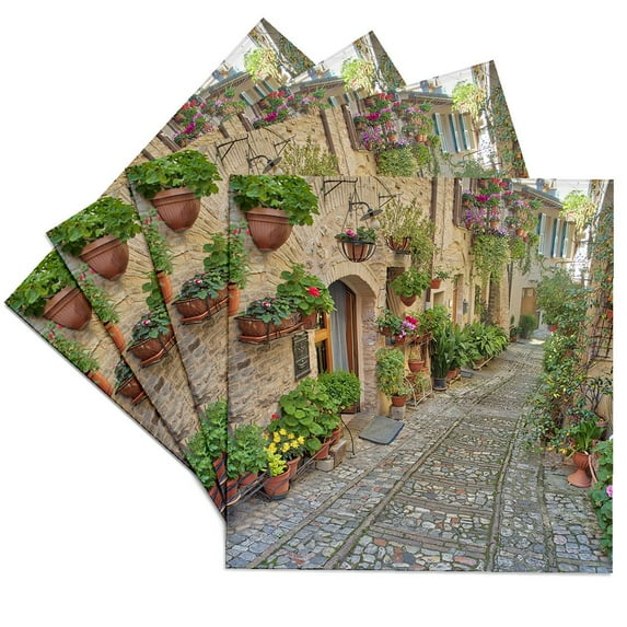 3drose, Italy, Umbria, Spello. an Alley with Potted Plants, Set of 4 Ceramic Tile Coasters