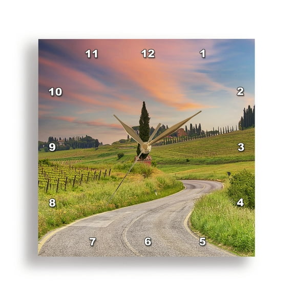 3dRose, Italy, Umbria. Winding road through Field., 15x15 Wall Clock