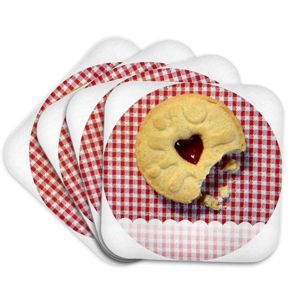 3dRose, Jammy Dodger Cookie on Red and White Gingham Background, Set of 4 Coasters - Soft