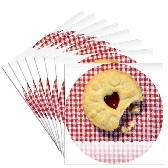 3dRose, Jammy Dodger Cookie on Red and White Gingham Background, Set of 8 Ceramic Tile Coasters