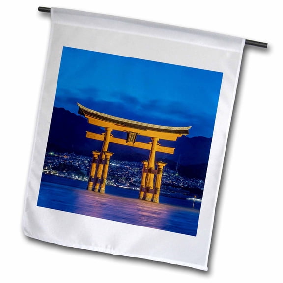 3dRose, Japan, Miyajima, Itsukushima Shrine, Twilight Floating Torii Gate, 12 x 18 inch Garden Flag