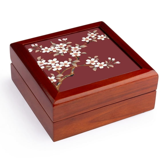 3dRose, Japanese White Flowers on Maroon, Jewelry Box 5.5x5.5 inch with 4 inch tile