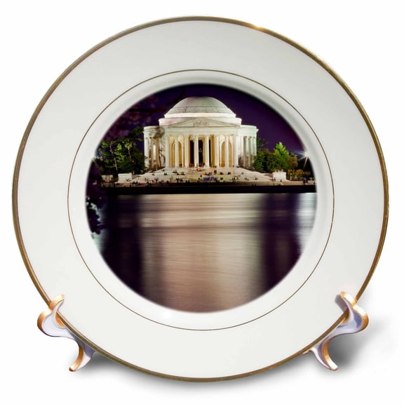 3dRose, Jefferson Memorial. Cherry Blossoms, statue and Tidal Basin, 8 inch Porcelain Plate