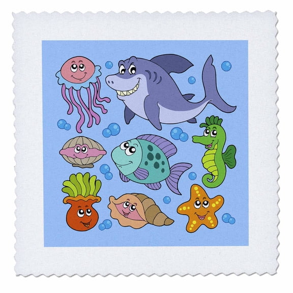 3dRose, Jellyfish, Shark, Shellfish, Fish, Seahorse and Starfish Pattern, 12x12 inch quilt square