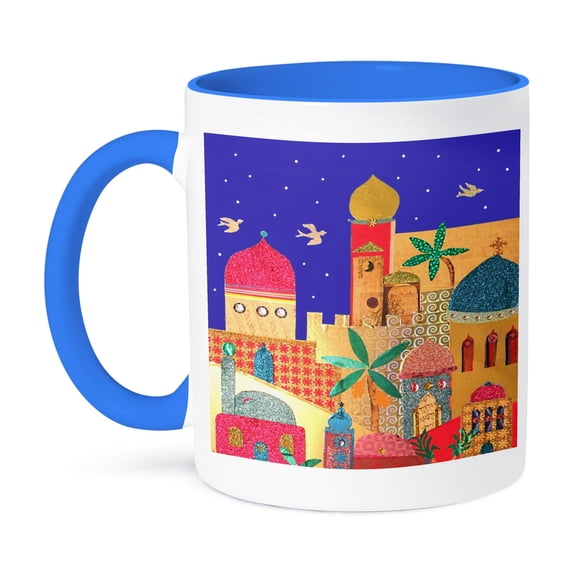 3dRose, Jerusalem city gold domes Islamic architecture art colorful arty buildings - Jewish Israel Judaica, 11oz Two-Tone Blue Mug