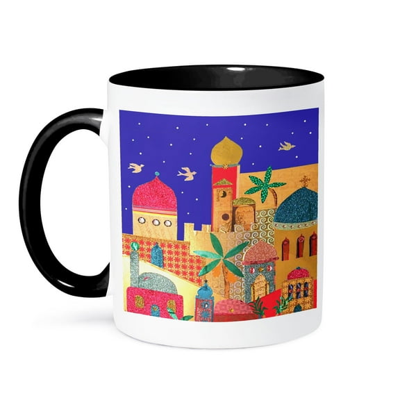 3dRose, Jerusalem city gold domes Islamic architecture art colorful arty buildings - Jewish Israel Judaica, 15oz Two-Tone Black Mug