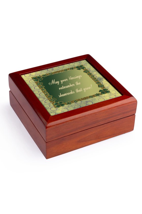 , Jewel Look Four Leaf Clover Circles Blessings outnumber shamrocks that grow, Jewelry Box 5.5x5.5 inch with 4 inch tile