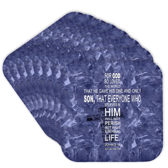 3dRose, John 3 16 bible verse in the form of a cross reflected on blue grey granite print, Set of 8 Coasters - Soft