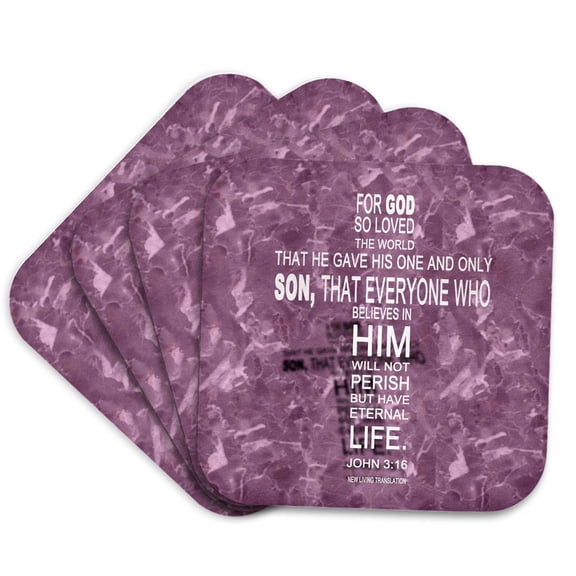 3dRose, John 3 16 bible verse in the form of a cross reflected on rose colored granite print, set of 4 Coasters - Soft