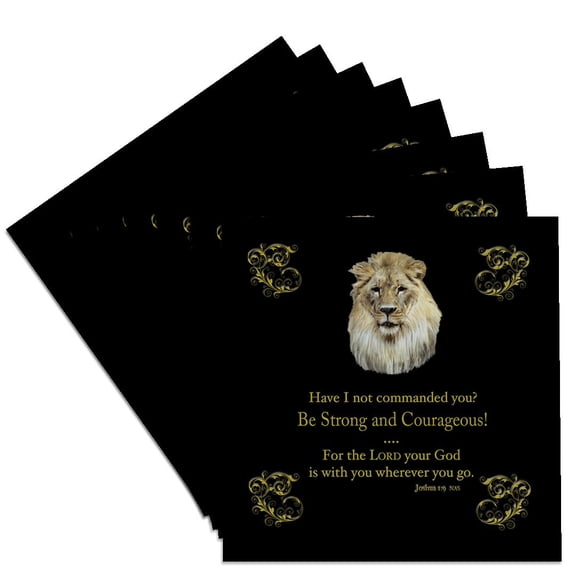 3dRose, Joshua 1 verse 9 Be Strong and Courageous illustrated with a Lion in gold on a black background., Set of 8 Ceramic Tile Coasters