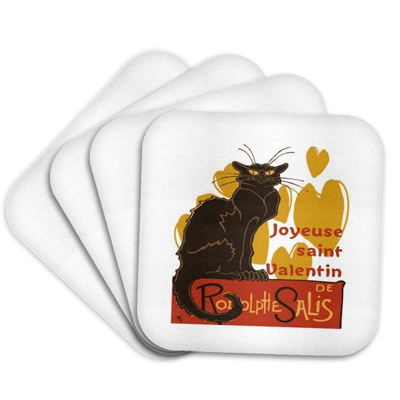3drose, Joyeuse Saint Valentin Le Chat Noir Parody with Ochre Colored Hearts, Set of 4 Coasters - Soft