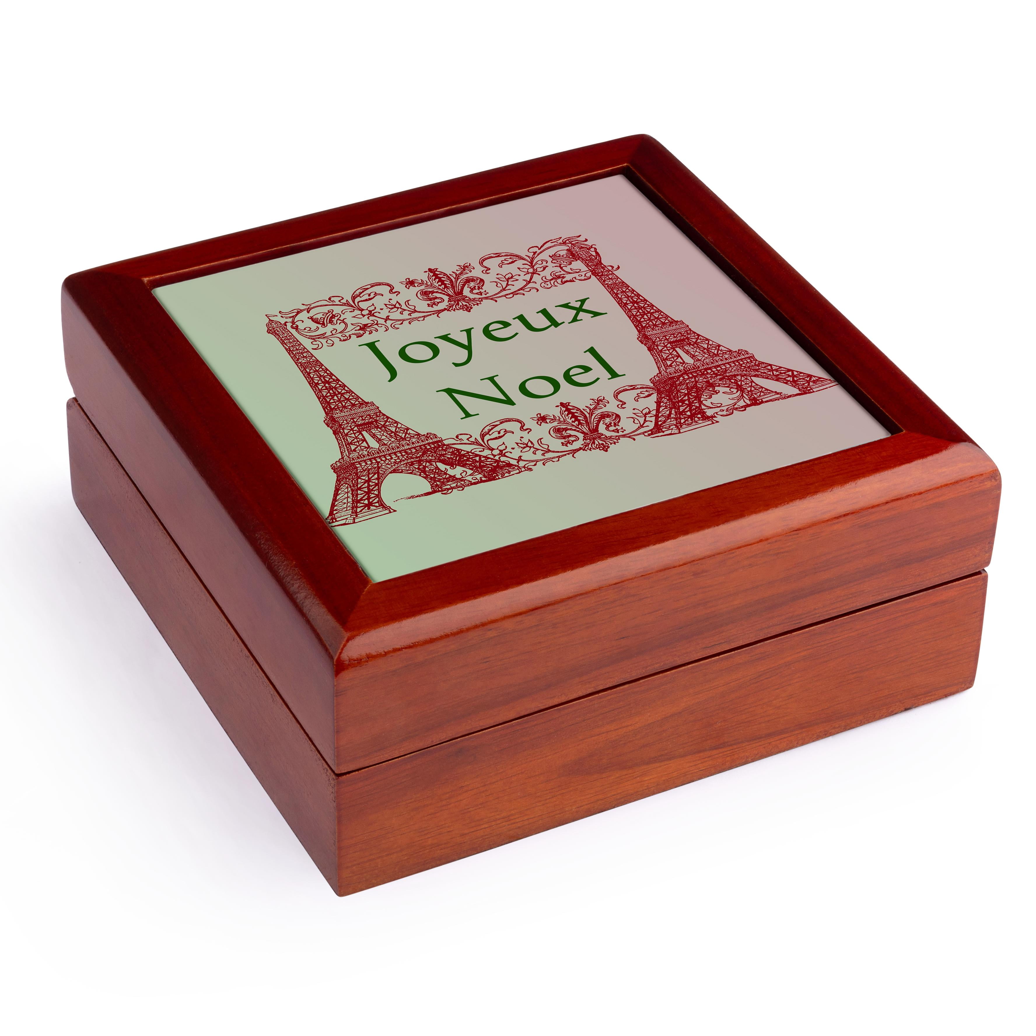 3dRose, Joyeux Noel Eiffel Towers french Merry Christmas, Jewelry Box 5.5x5.5 inch with 4 inch tile