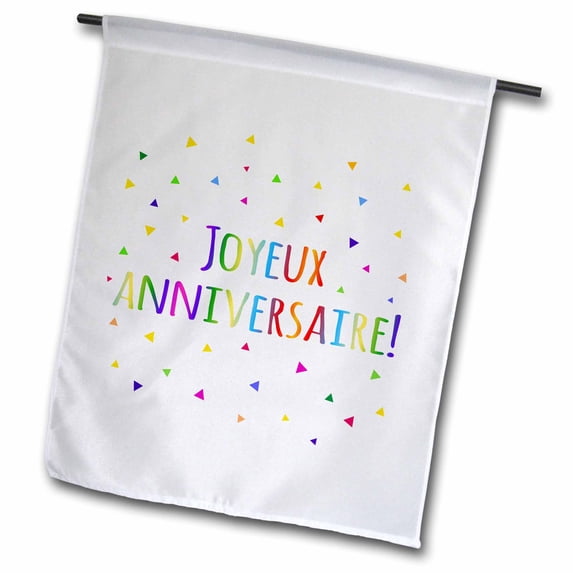 3dRose, Joyeux anniversaire - Happy birthday in French colorful rainbow text, 12 x 18 inch Garden Flag