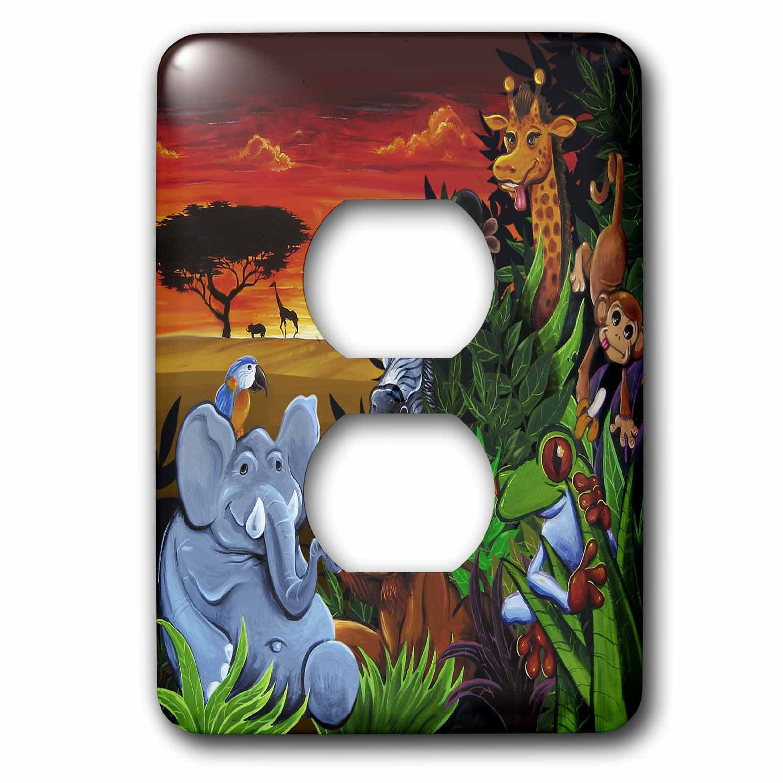 3dRose, Jungle scene with an elephant, parot, tree frog, zebra, and giraffe, 2 plug outlet cover
