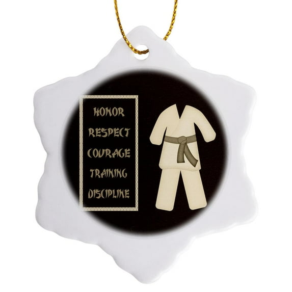 3drose, Karate Karategi Uniform Brown Belt Honor Respect, Courage Train Discipline, 3 inch Snowflake Porcelain Ornament