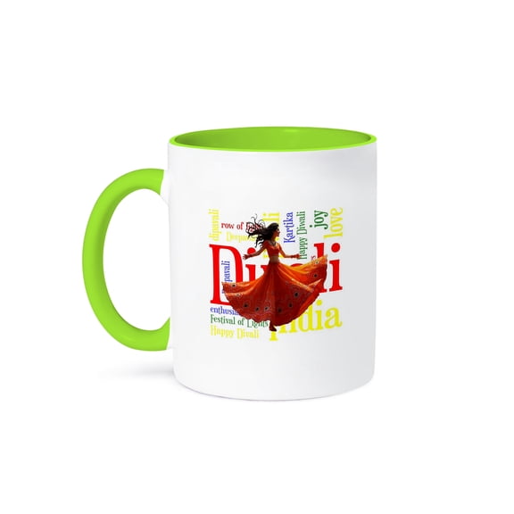 3dRose, Kathak Dance Indian Diwali Firework Word Collage, 15oz Two-Tone Green Mug