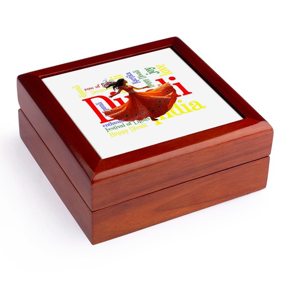 3dRose, Kathak Dance Indian Diwali Firework Word Collage, Jewelry Box 5.5x5.5 inch with 4 inch tile