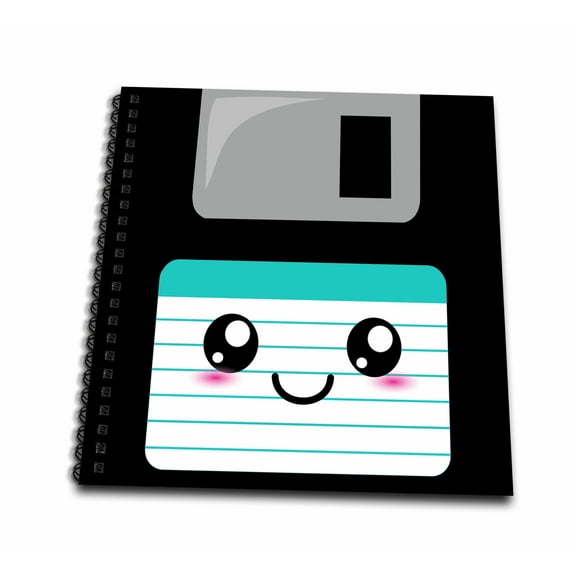 3dRose, Kawaii Cute Happy Floppy Disk - Retro computer Geek - Anime smiling cartoon Turquoise Teal label, Drawing Book 8 x 8 inch