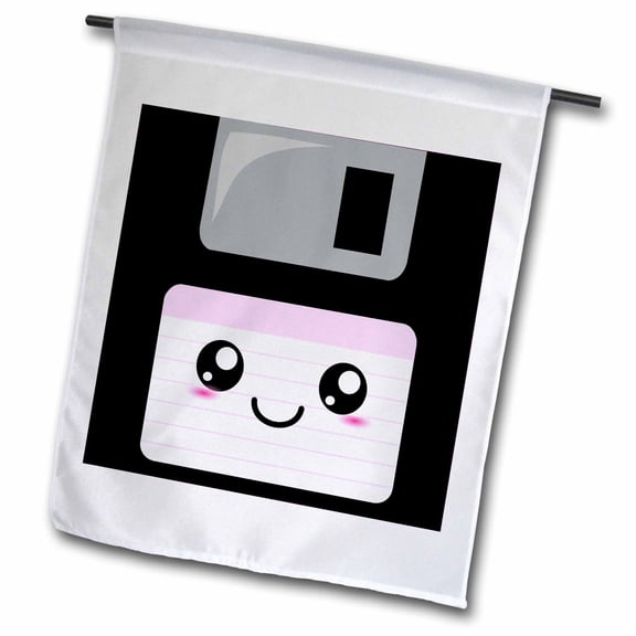 3dRose, Kawaii Cute Happy Floppy Disk - Retro computer Nerd - Japanese Anime smiling cartoon with pink label, 12 x 18 inch Garden Flag
