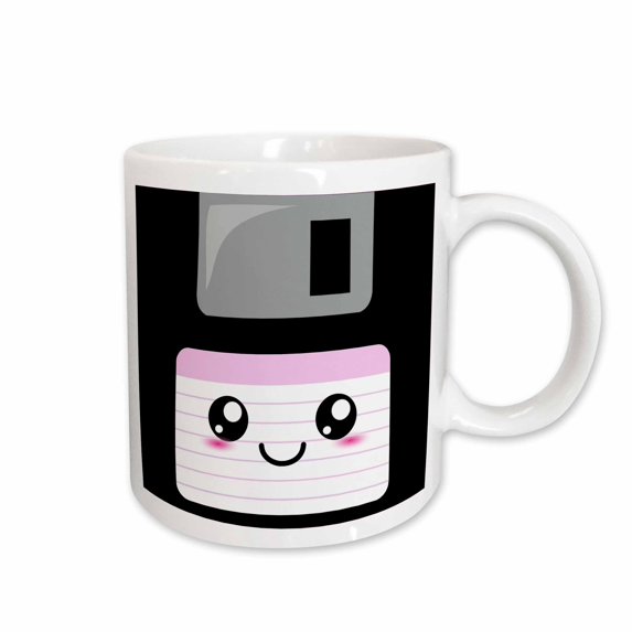 3drose, Kawaii Cute Happy Floppy Disk - Retro Computer Nerd - Japanese Anime Smiling Cartoon with Pink Label, 11oz Mug