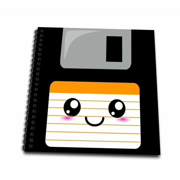 3dRose, Kawaii Cute Happy Floppy Disk - Retro computers - Japanese Anime Smiling cartoon with orange label, Memory Book 12 x 12 inch