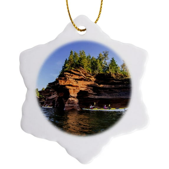 3drose, Kayaker, Sea Caves, Devils Island, Wisconsin, Usa - Us50 Cha0039 - Chuck Haney, 3 inch Snowflake Porcelain Ornament