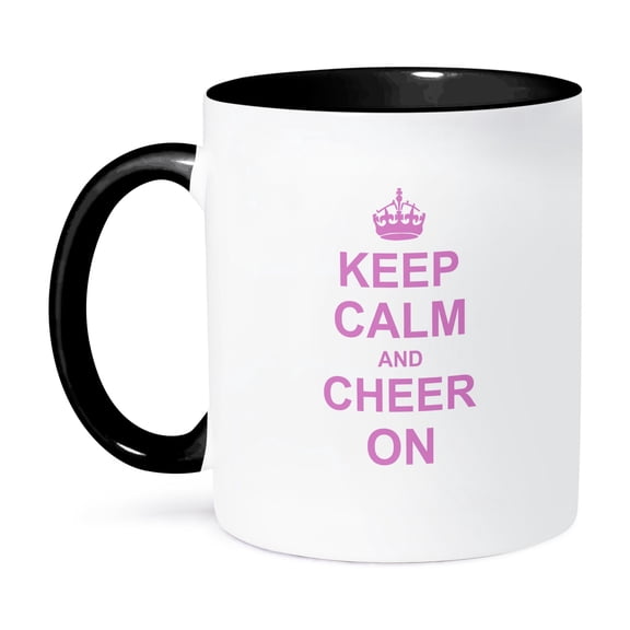 3dRose, Keep Calm and Cheer on - carry on cheering - gift for cheerleaders - pink fun funny humor humorous, 11oz Two-Tone Black Mug